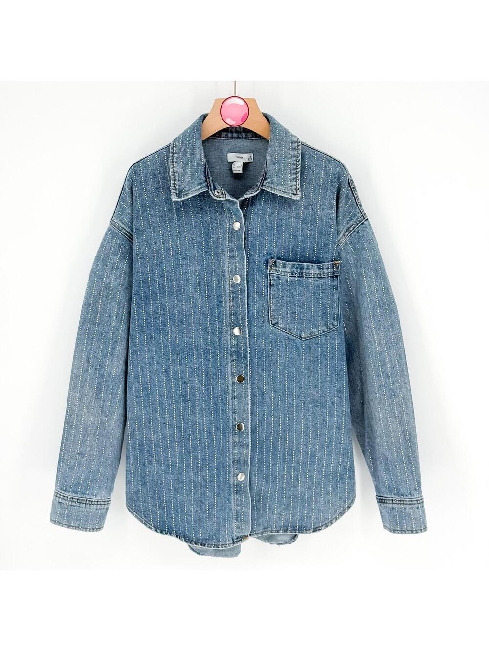 Forever 21 Denim Shirt Womens Medium Rhinestone Y2K Button Up Blue Jean Top‎